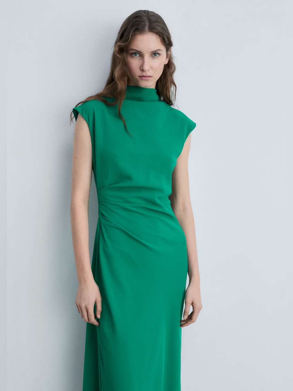 Mango Sleek Green Cap-Sleeve Evening Dress NWT